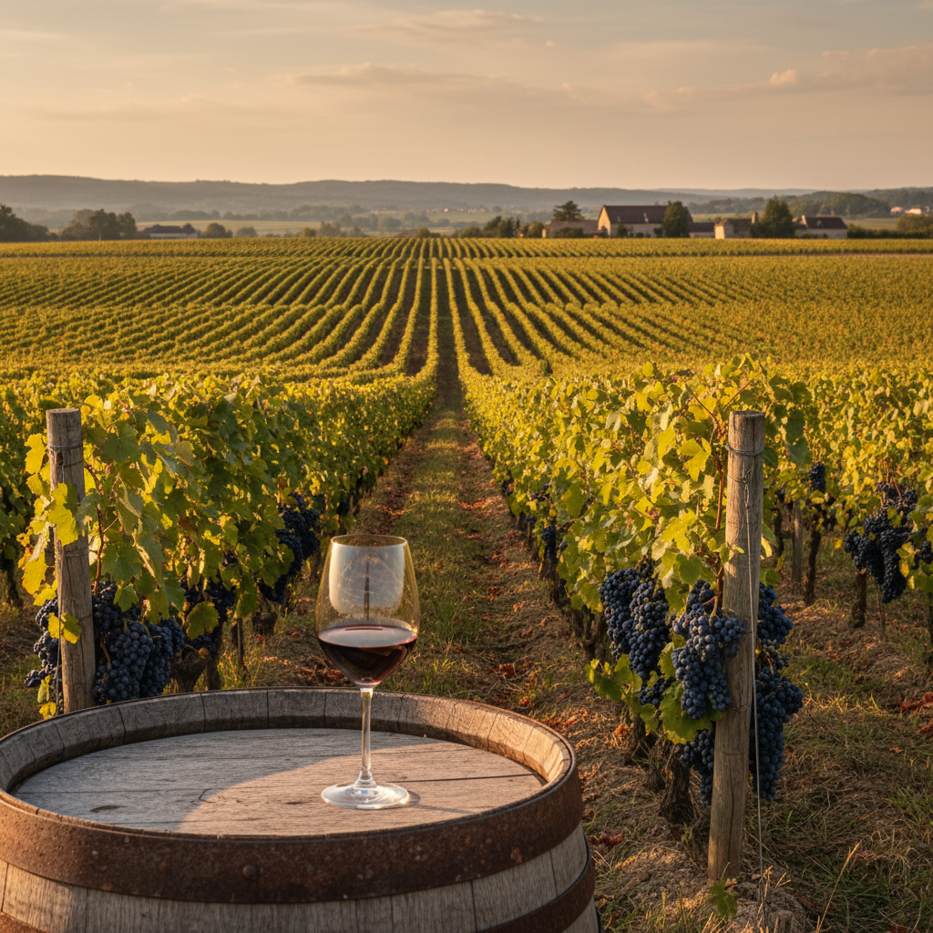 Vinhedo de Gamay Noir em Beaujolais com taça de vinho tinto sobre barril de carvalho.