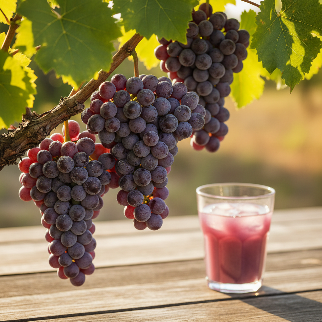 Cacho de uvas Isabella maduras em um vinhedo ensolarado com um copo de suco de uva fresco em primeiro plano.
