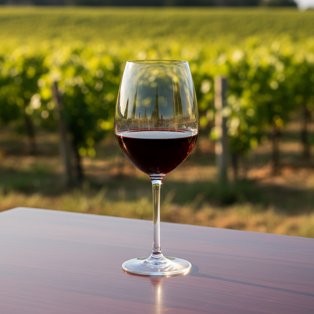Taça de vinho tinto sobre superfície de madeira, com vinhedo de uvas Isabella ao fundo, sob a luz do sol.