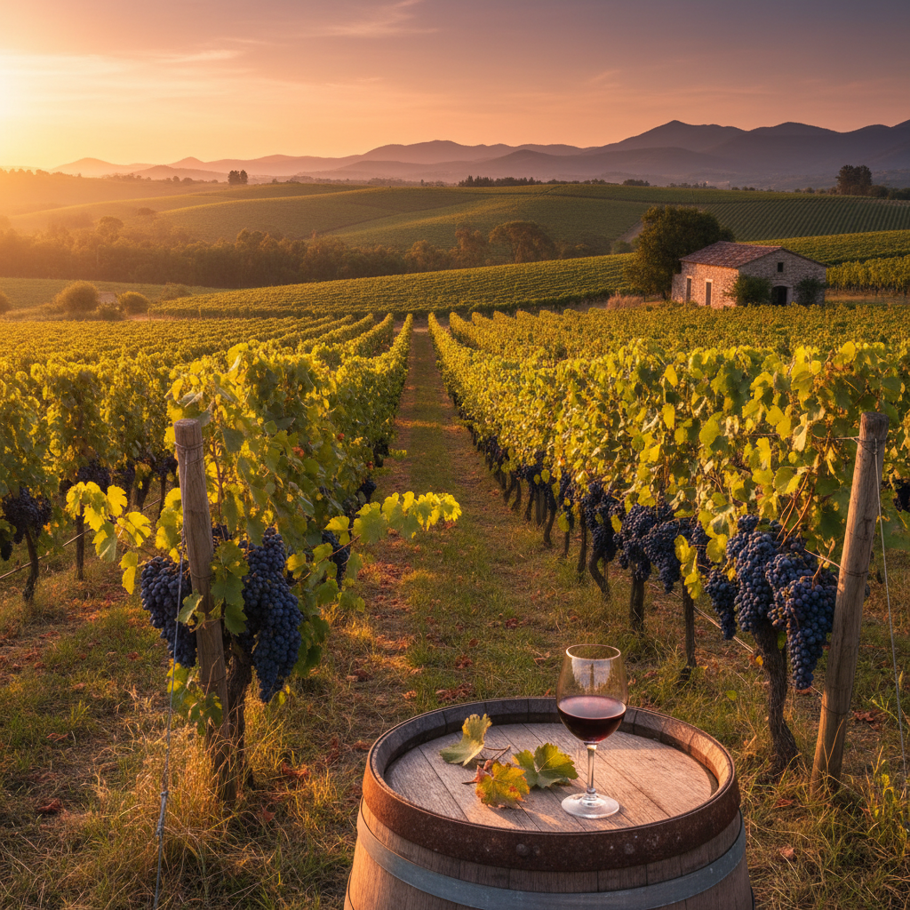 Vinhedo brasileiro com uvas Isabella maduras ao pôr do sol, com barril de vinho de madeira e taça de vinho tinto em primeiro plano, remetendo à história e tradição da uva no Brasil.