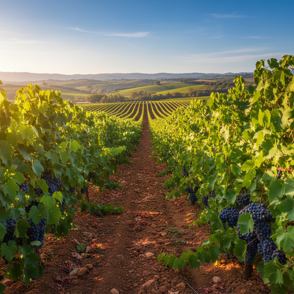 Parreiral de uvas Isabella saudável e exuberante sob a luz do sol, com cachos de uva roxos prontos para a colheita, simbolizando um cultivo bem-sucedido e protegido.