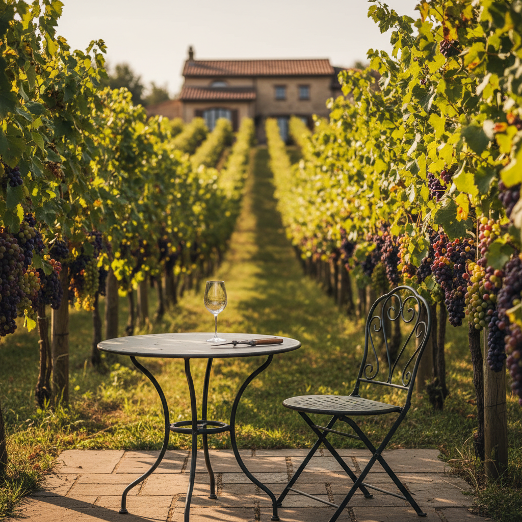 Cena de um jardim caseiro com videiras carregadas de uvas maduras, uma mesa rústica com um copo e tesoura de poda, sugerindo a colheita e degustação de uvas.