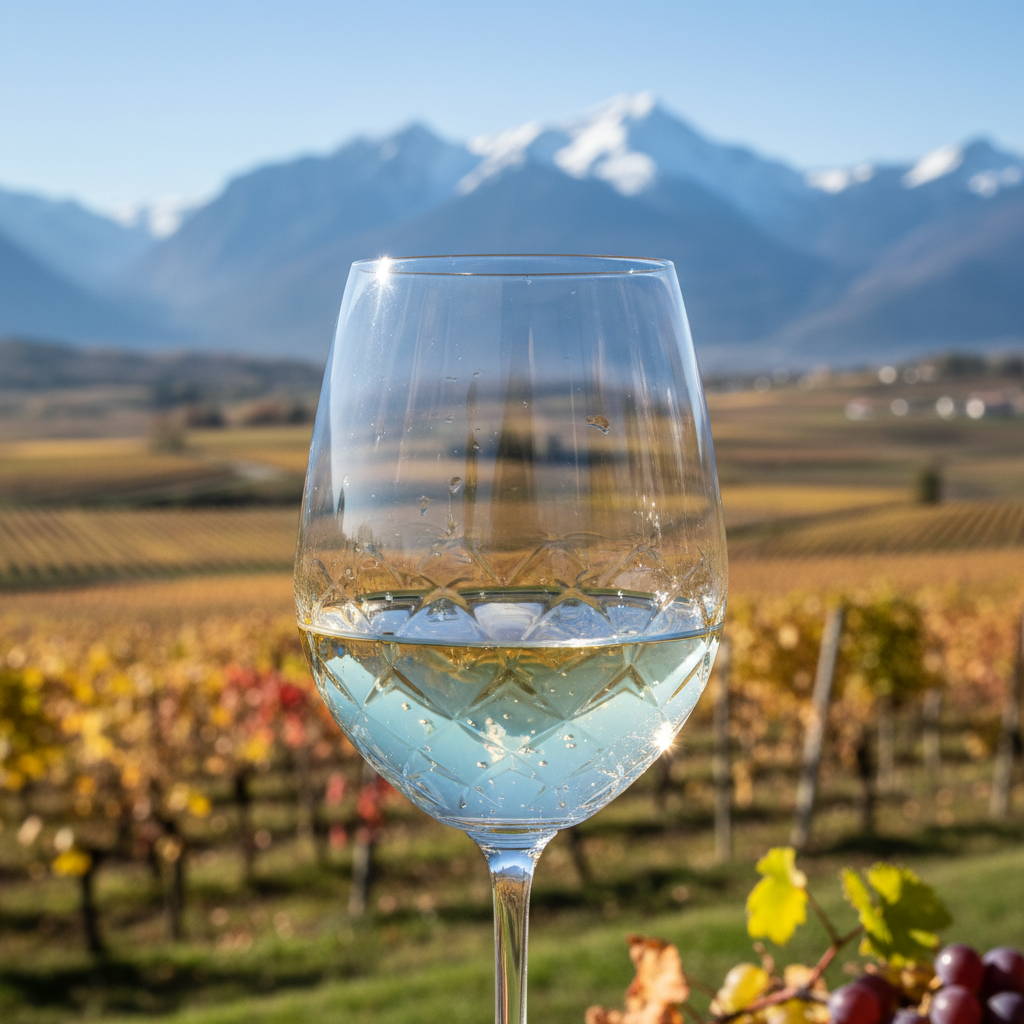 Taça de vinho branco Jacquère em um vinhedo alpino da Savoie, destacando a cor clara e brilhante do vinho.