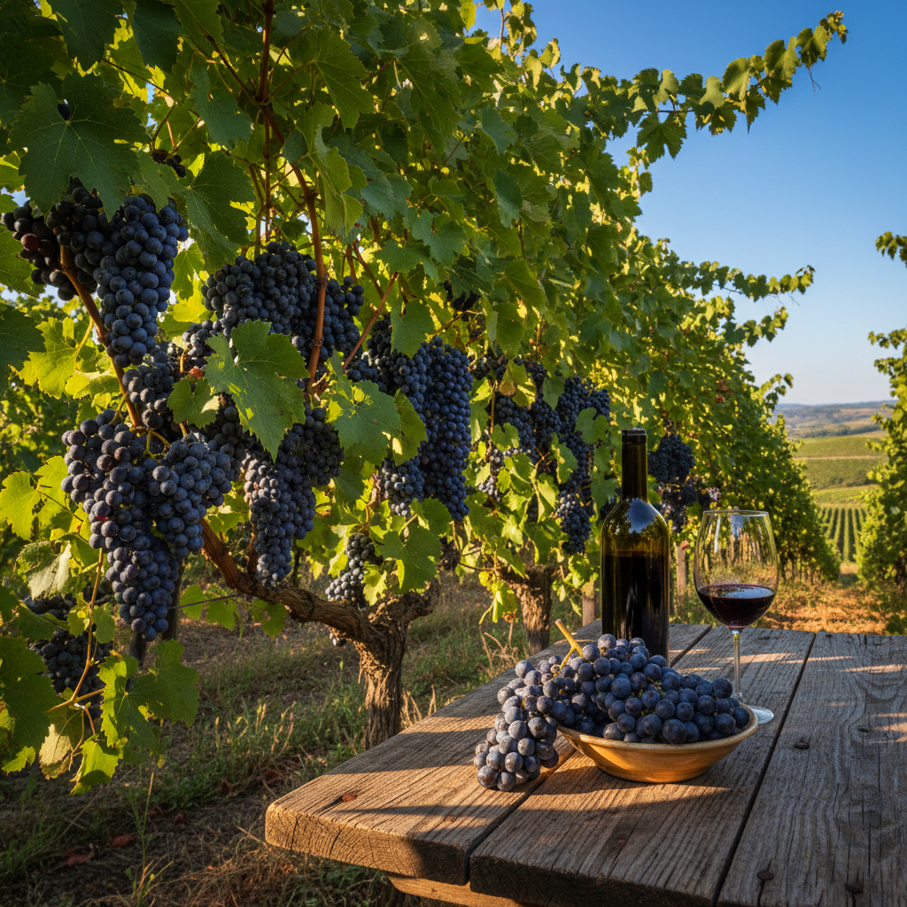 Vinhedo exuberante com uvas maduras escuras, garrafa e taça de vinho tinto, e frutas Jacquez frescas sobre uma mesa de madeira.