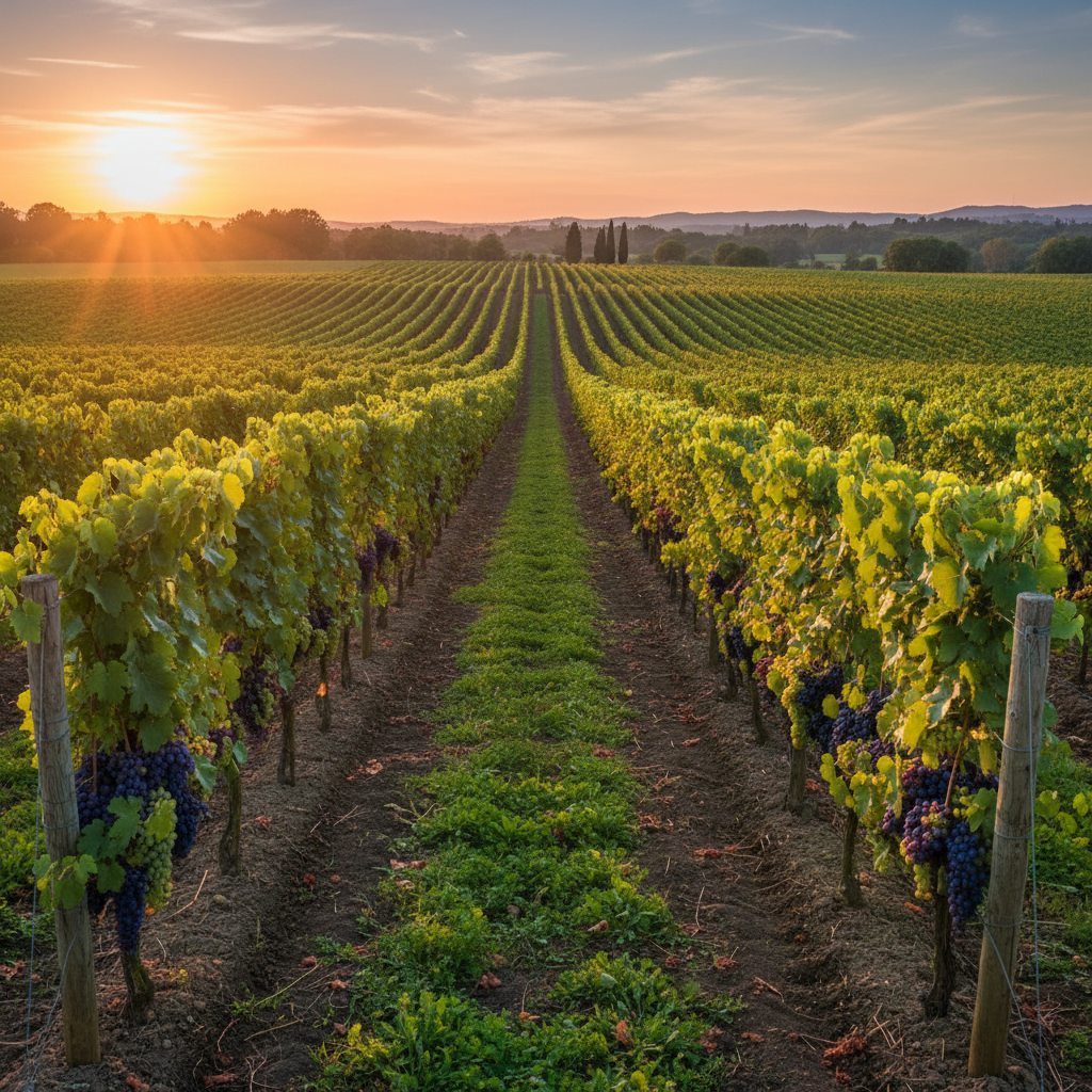 Vinhedo saudável e vigoroso de uvas Jacquez ao pôr do sol, transmitindo a facilidade de cultivo e a resiliência da variedade.