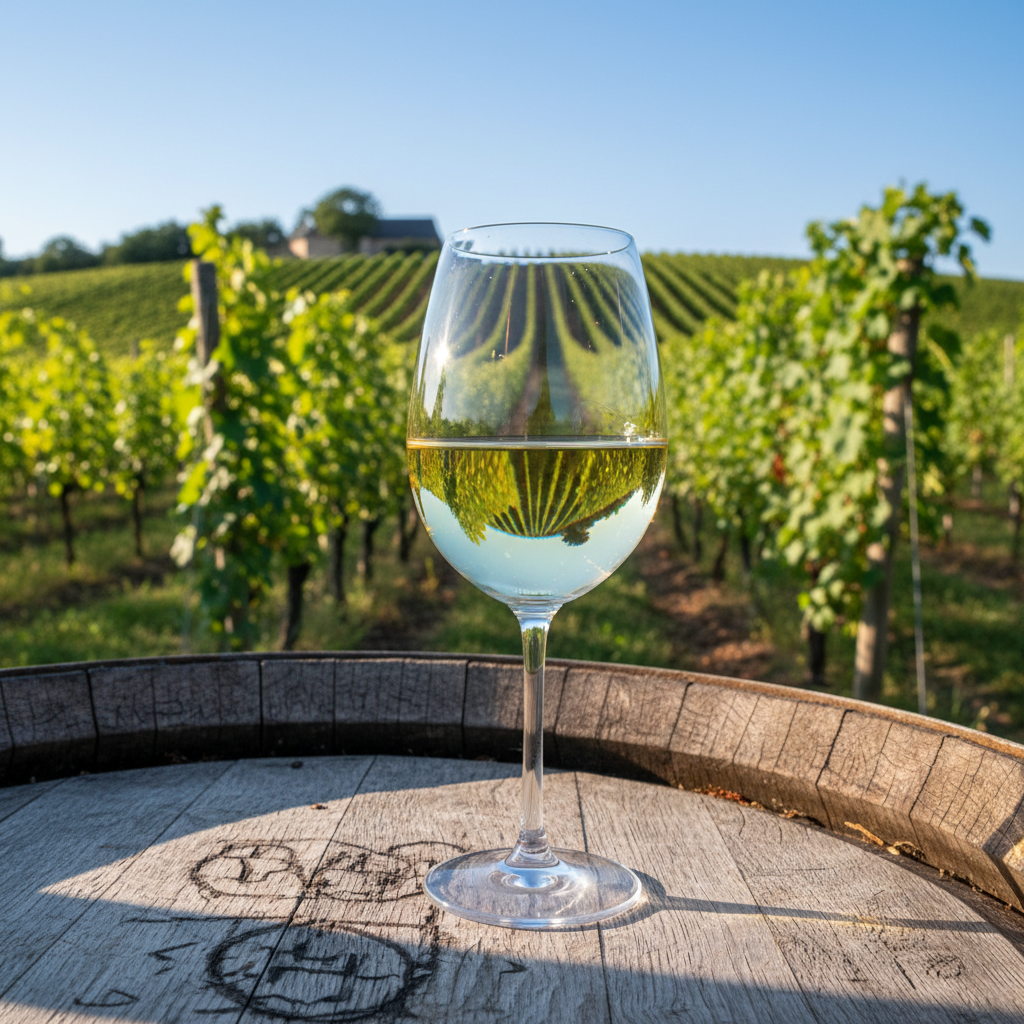 Taça de vinho branco sobre barril de madeira em vinhedo alemão ensolarado.