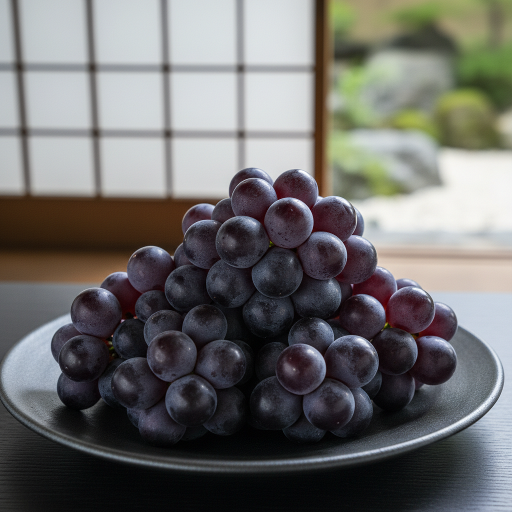 Uvas Kyoho roxas escuras e grandes em uma travessa japonesa de cerâmica, com fundo de jardim japonês desfocado.