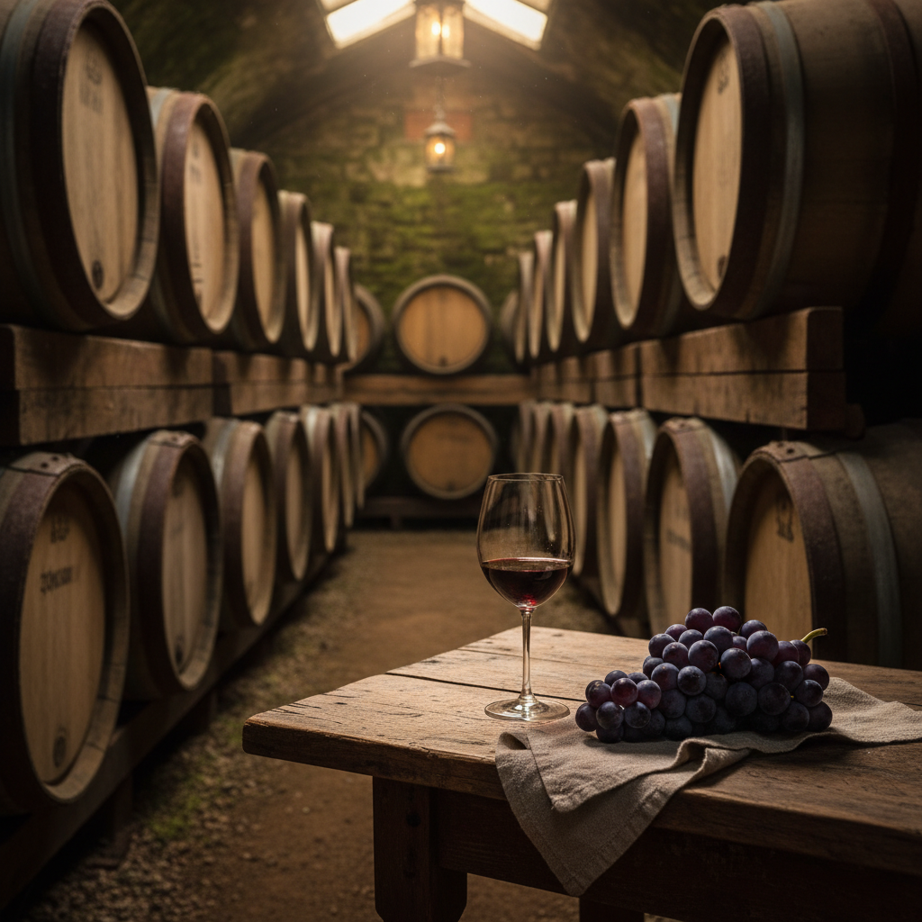 Taça de vinho tinto e cachos de uva Kyoho fresca sobre mesa de madeira rústica em adega escura com barris ao fundo.