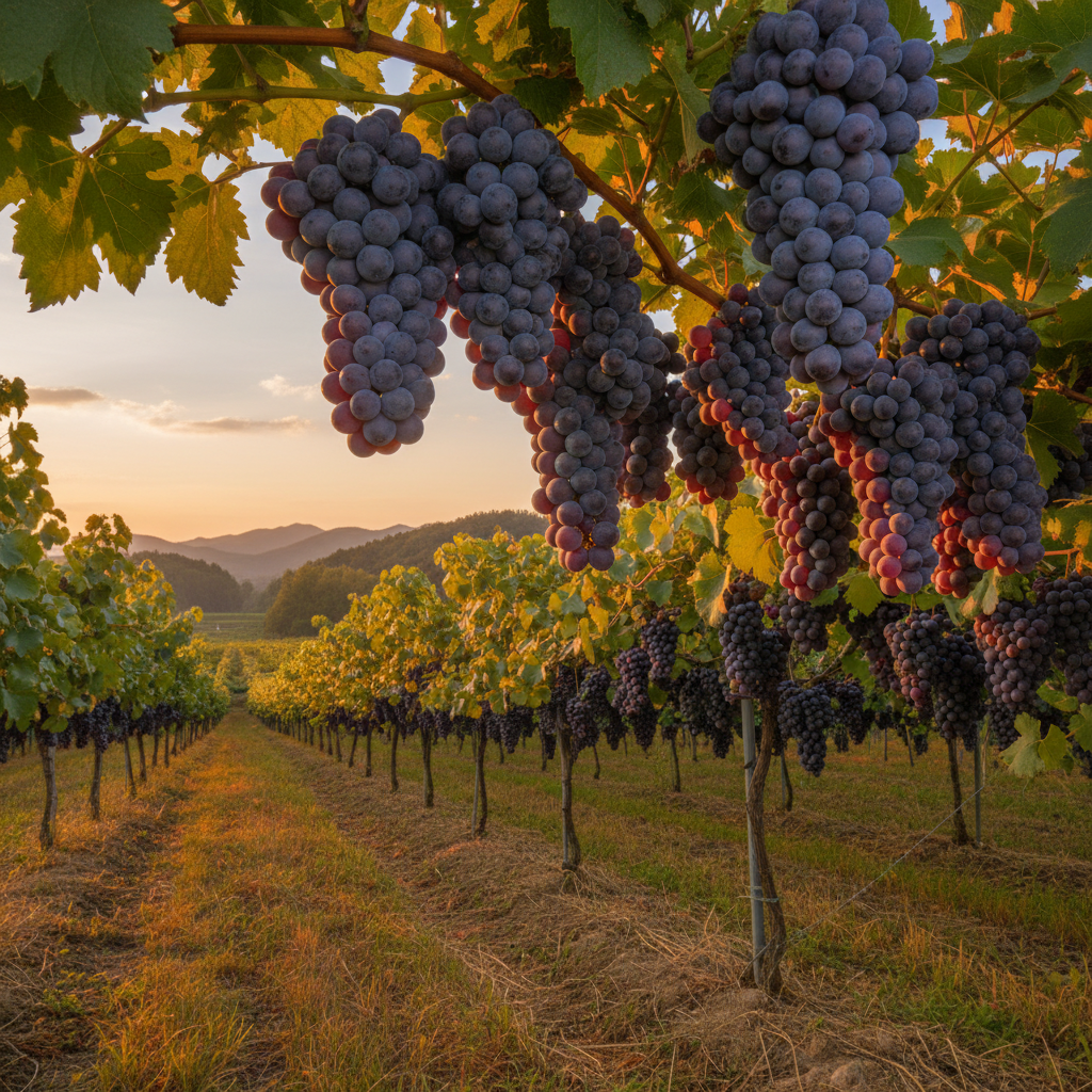 Cacho de uvas Kyoho roxas e suculentas penduradas em um vinhedo exuberante, sob a luz do sol poente.