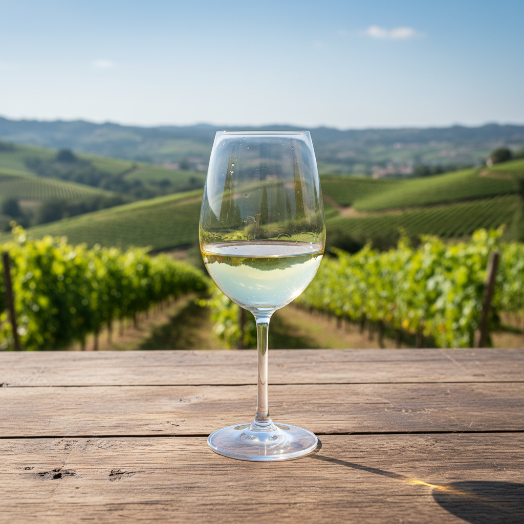 Taça de vinho Loureiro sobre mesa de madeira rústica, com vinhedo exuberante do Vinho Verde em Portugal ao fundo, sob o sol.