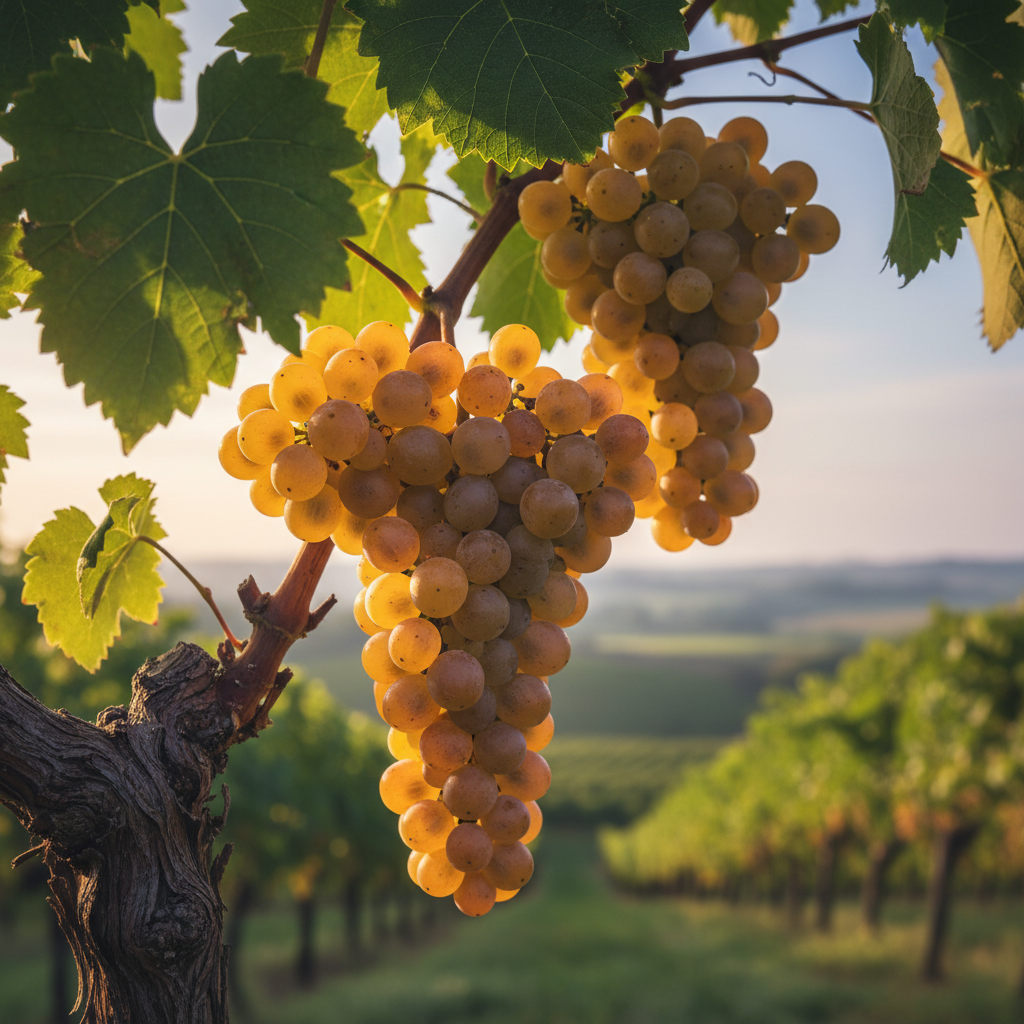 Cacho de uvas Madeleine Angevine maduras em um vinhedo ensolarado.