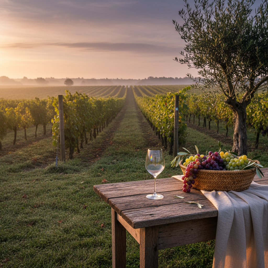 Vinhedo ao amanhecer com mesa rústica e taça de vinho, simbolizando a colheita e a degustação de uvas de mesa.