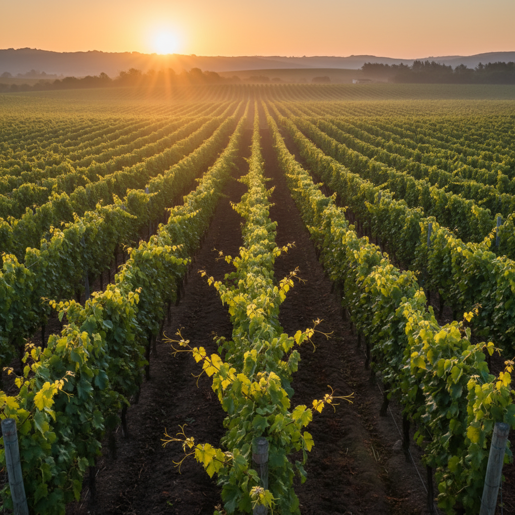 Vinhedo saudável de Madeleine Angevine ao amanhecer, com folhas verdes vibrantes e fileiras bem cuidadas.