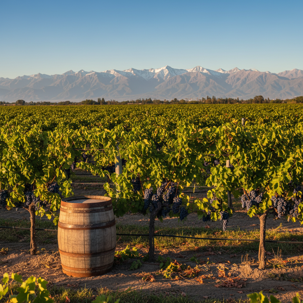 Vinhedo de Malbec em Mendoza ao entardecer, com parreiras carregadas de uvas roxas e um barril de madeira rústico, sob um céu azul.