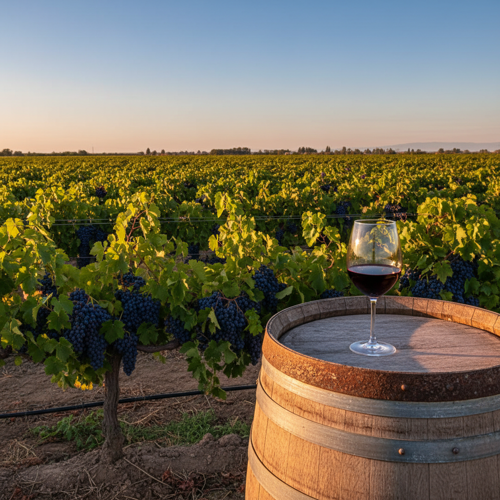 Vinhedo de Malbec em Mendoza, Argentina, com um copo de vinho tinto sobre um barril de carvalho ao pôr do sol.