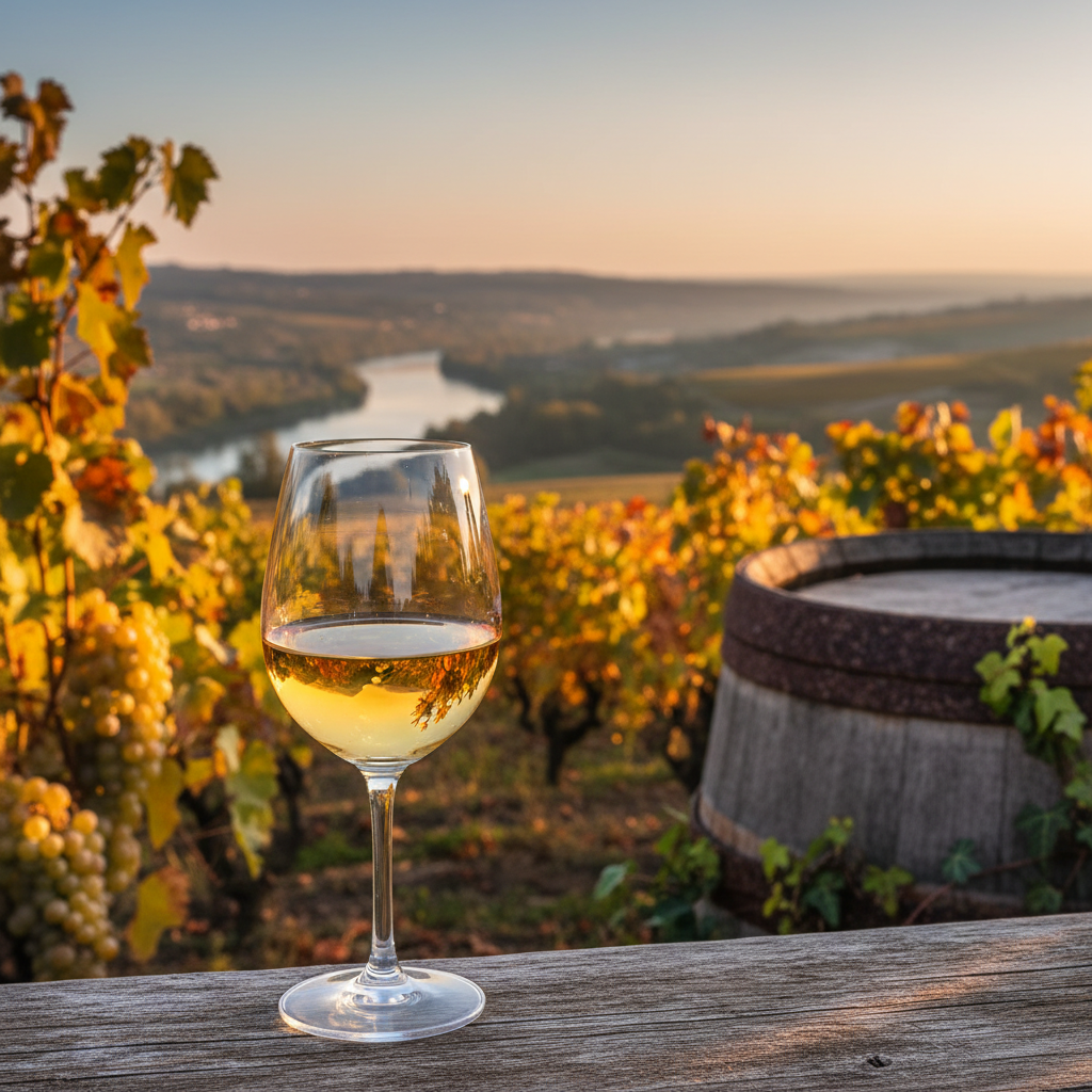 Taça de vinho branco Marsanne com fundo de vinhedo no Vale do Rhône ao entardecer e barril de madeira.