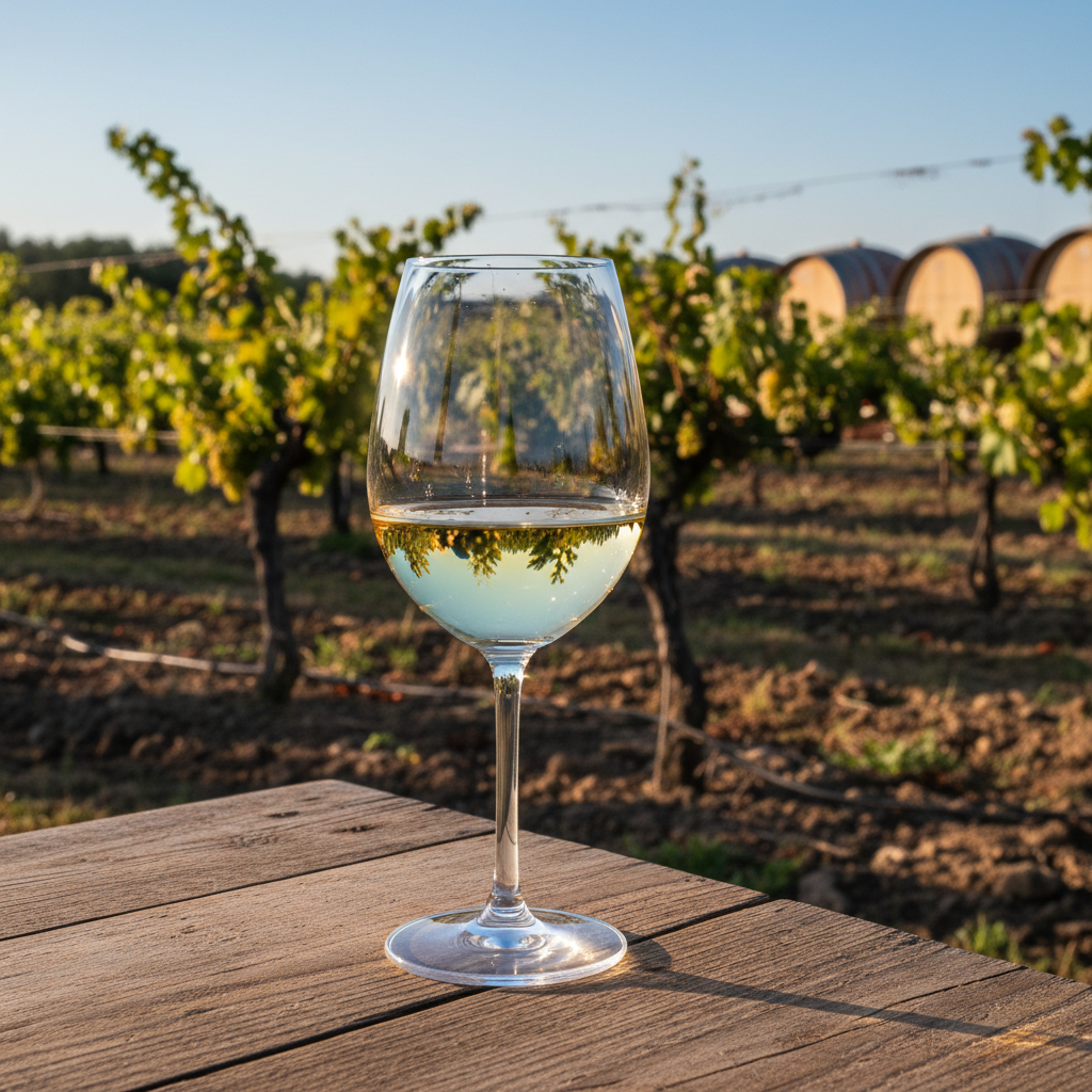 Taça de vinho branco Marsanne em mesa rústica com vinhedo ensolarado e barris de carvalho ao fundo.