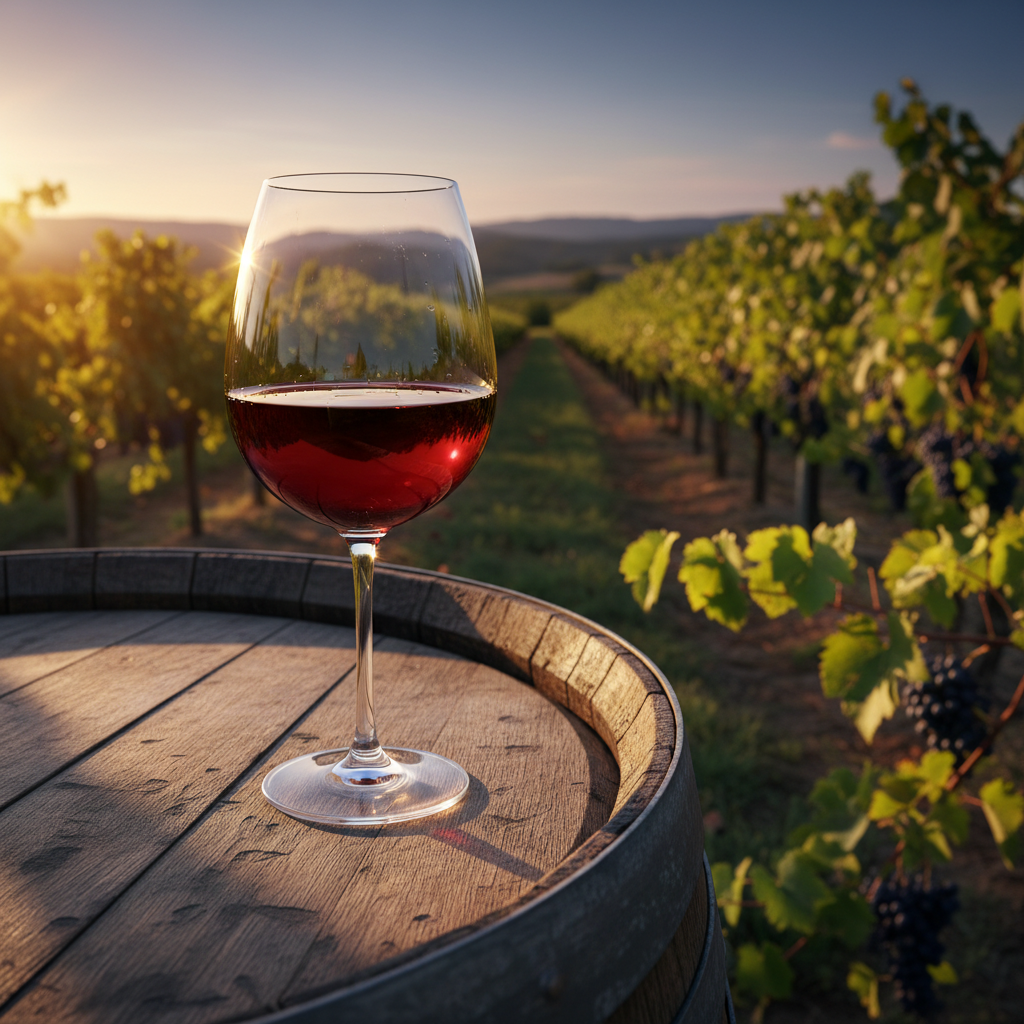 Taça de vinho tinto Mataro sobre um barril de carvalho em um vinhedo ensolarado.