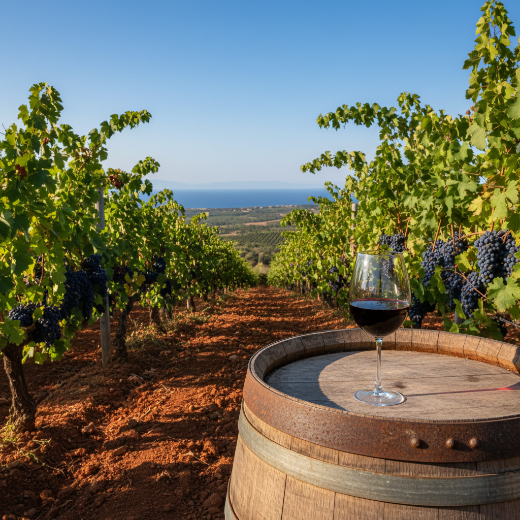 Vinhedo de uvas Mavrodaphne na Grécia, com uma taça de vinho tinto sobre um barril em um cenário mediterrâneo ensolarado.