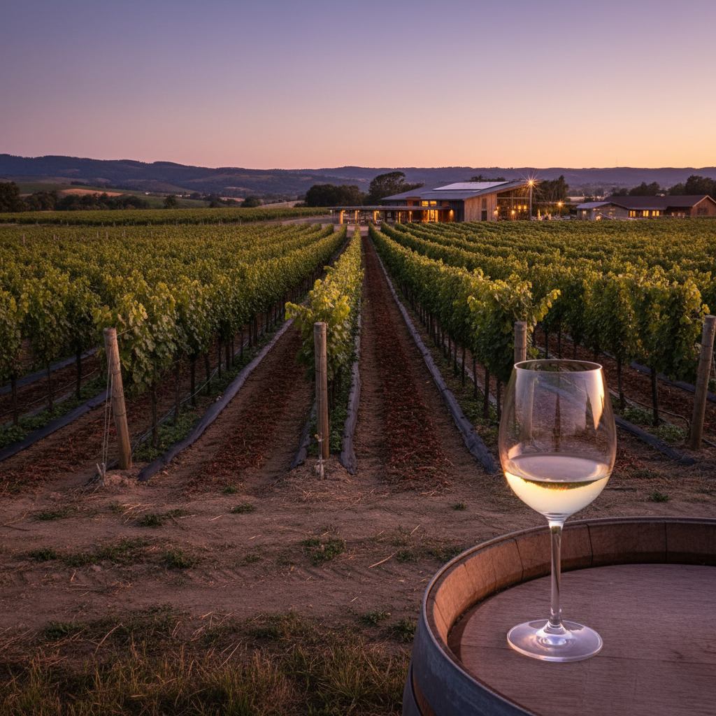 Taça de vinho em um vinhedo moderno ao pôr do sol, simbolizando o futuro da uva Merlot e a sustentabilidade na vinicultura.