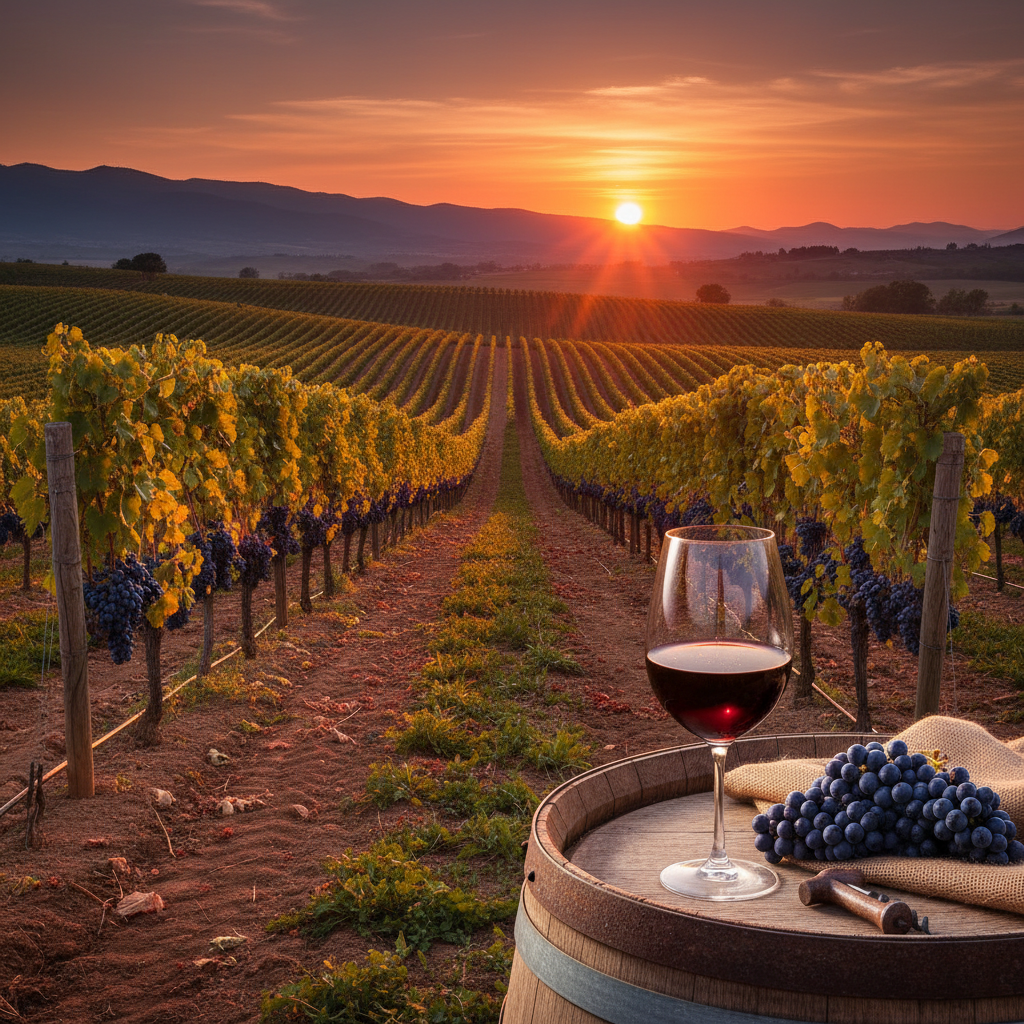 Vista panorâmica de um vinhedo de Merlot ao pôr do sol, com um cálice de vinho tinto sobre um barril de madeira em primeiro plano.