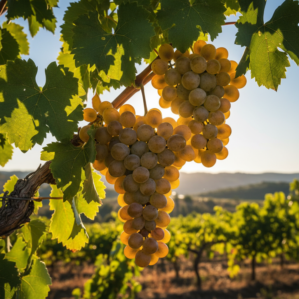 Cacho de uvas Muscat of Alexandria frescas e maduras penduradas em um vinhedo ensolarado, com folhas verdes vibrantes e a paisagem do vinhedo ao fundo.