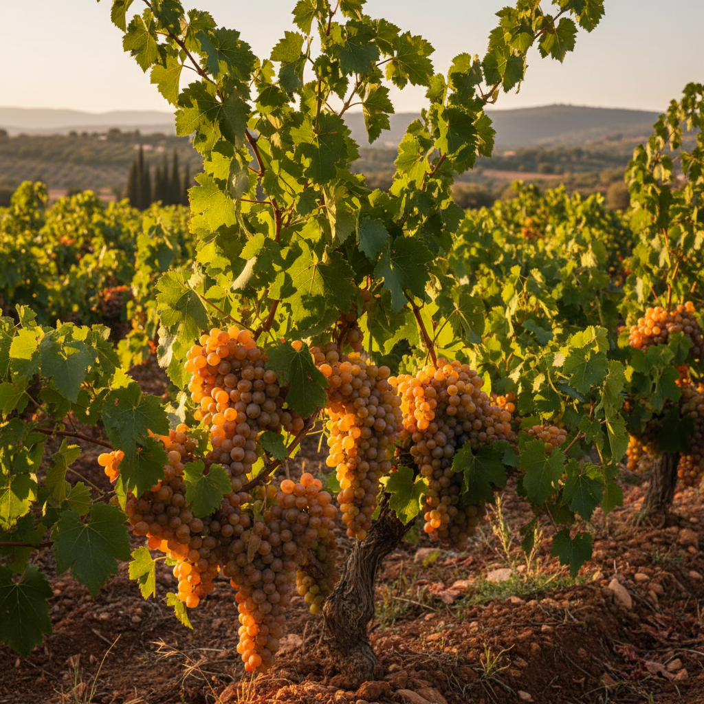 Vinhedo de uvas Muscat of Alexandria sob o sol mediterrâneo, com cachos dourados maduros prontos para a colheita.