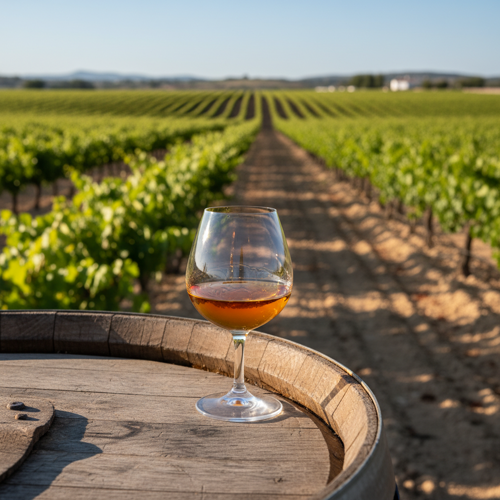 Vinhedo de Palomino sob o sol de Jerez, com uma taça de vinho de Jerez sobre um barril, simbolizando a tradição e o terroir.
