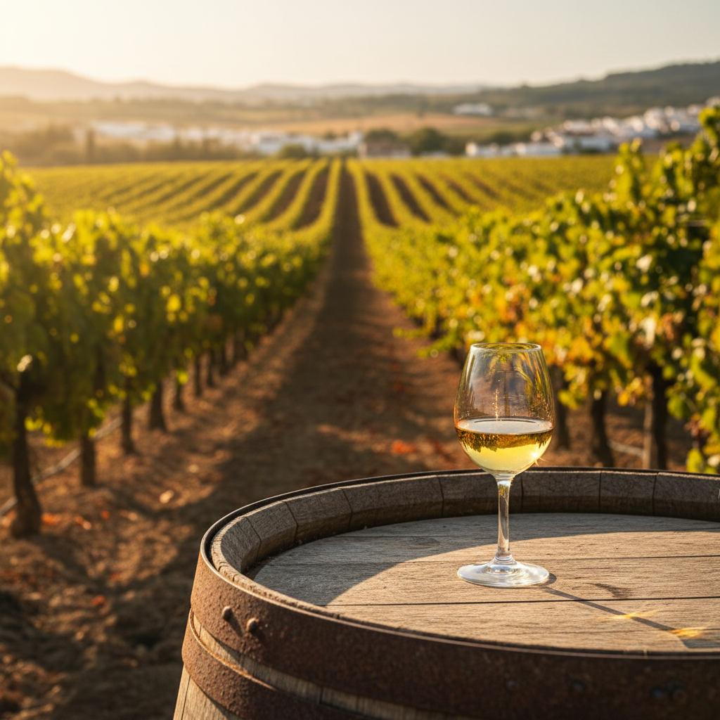 Taça de vinho de Jerez pálido sobre um barril de madeira em um vinhedo de uvas Palomino na Andaluzia, Espanha, sob a luz do sol.