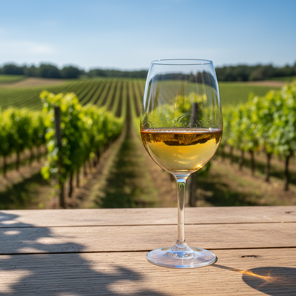Taça de vinho branco Pecorino com reflexos dourados em uma mesa de madeira rústica, com um vinhedo ensolarado ao fundo.