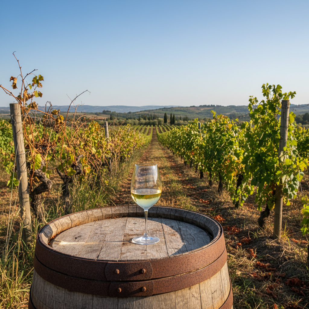 Vinhedo rústico e vibrante com uvas Pecorino, um copo de vinho branco Pecorino sobre um barril de madeira antigo, simbolizando o renascimento da uva.