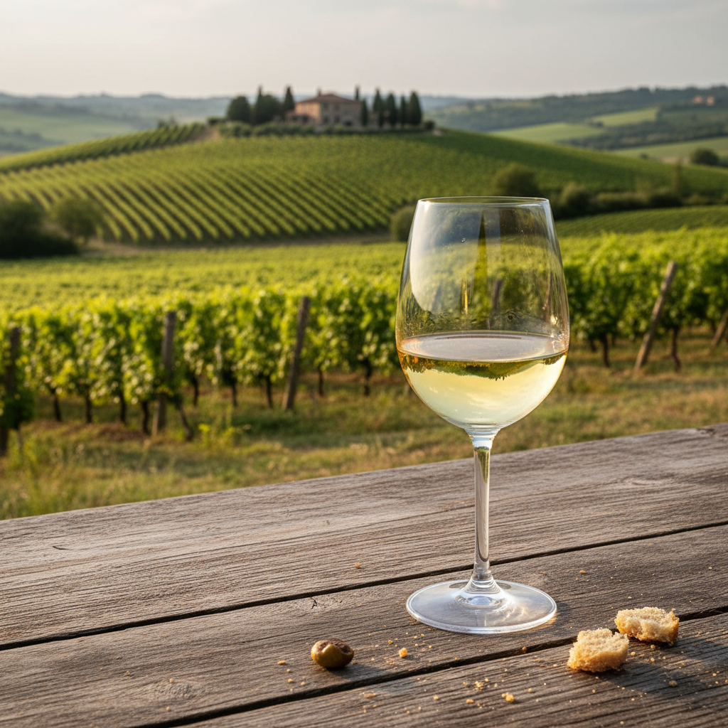 Taça de vinho Pecorino branco sobre mesa de madeira, com vinhedos italianos e colinas ao fundo.