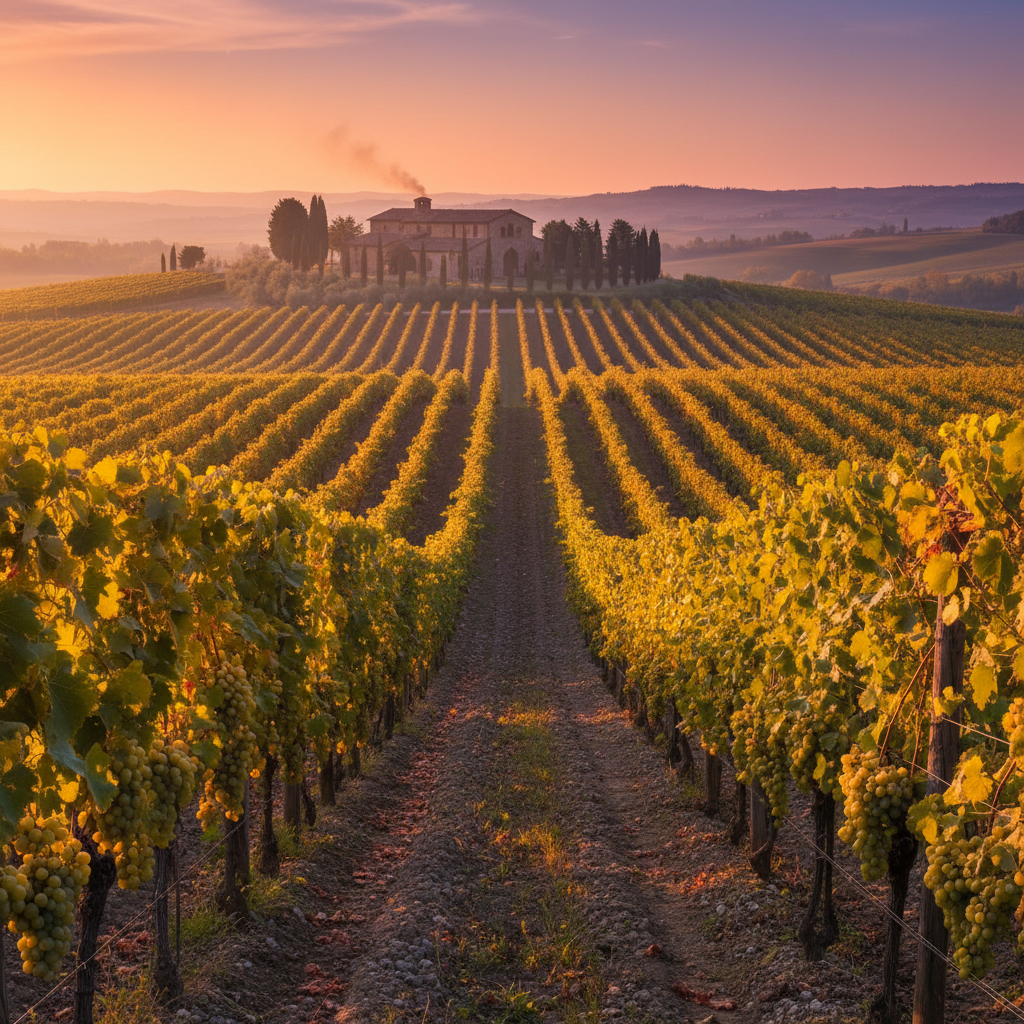 Vinhedo de uvas Pecorino maduras sob a luz dourada do pôr do sol, com uma adega italiana ao fundo, simbolizando a origem do vinho de excelência.