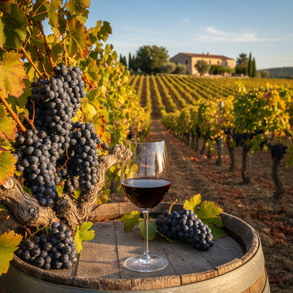 Uvas Picpoul Noir maduras em um vinhedo do Languedoc-Roussillon ao pôr do sol, com uma taça de vinho tinto sobre um barril de carvalho, simbolizando a riqueza e a história da uva.