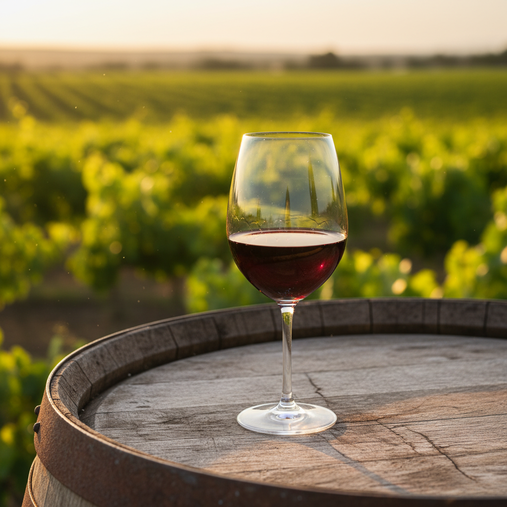 Taça de vinho Pinot Noir repousando em um barril de carvalho, com um vinhedo ao fundo sob a luz do pôr do sol.