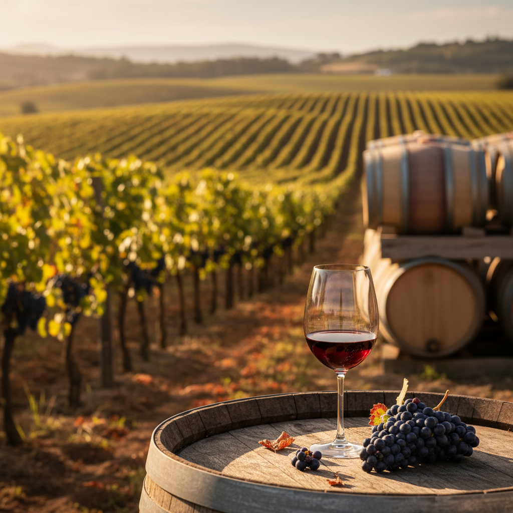 Vinhedo de Pinotage na África do Sul ao pôr do sol, com uma taça de vinho tinto em primeiro plano e barris de carvalho ao fundo.