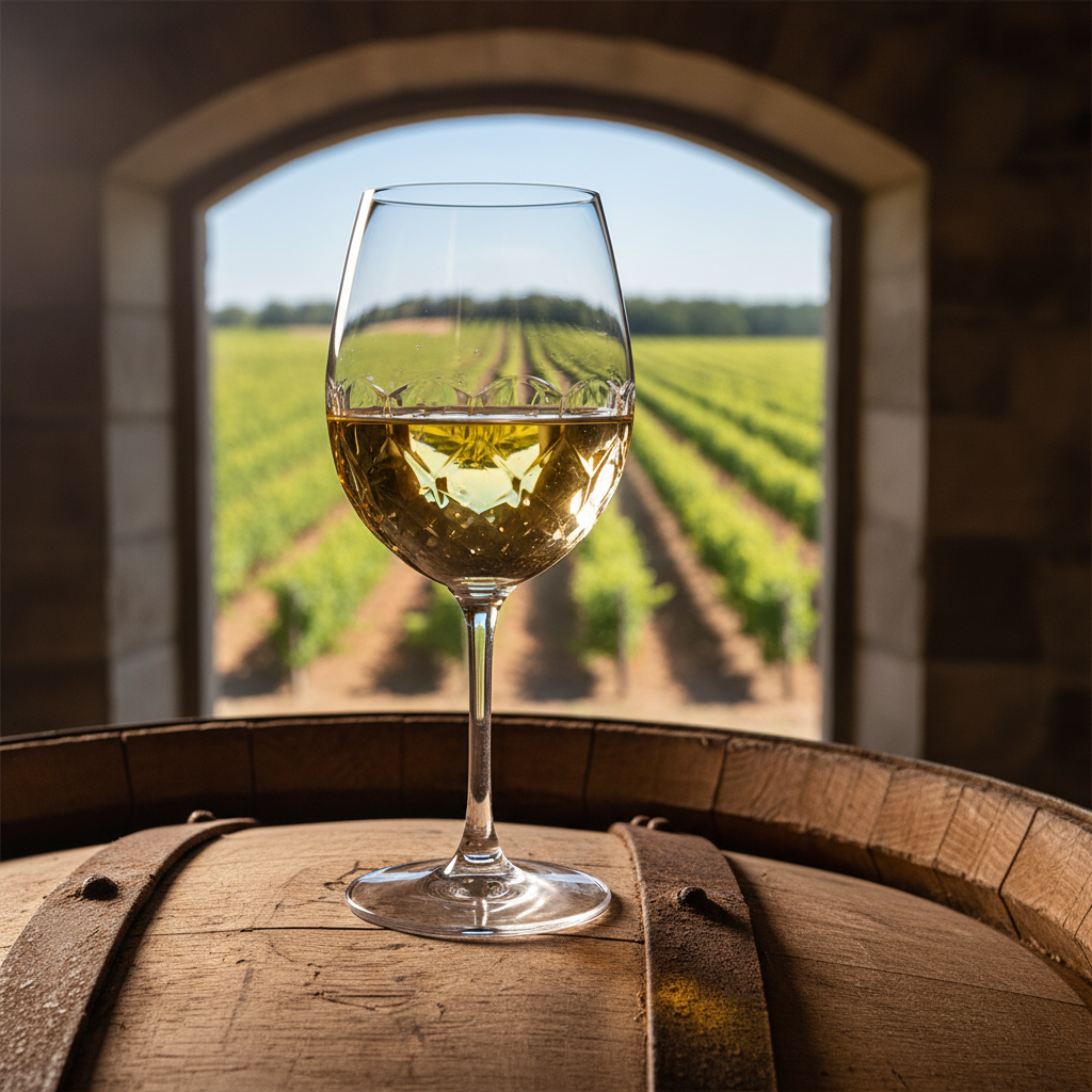 Taça de vinho branco Roussanne com reflexos dourados sobre um barril de carvalho em uma adega elegante, com vinhedos de Roussanne ao fundo.