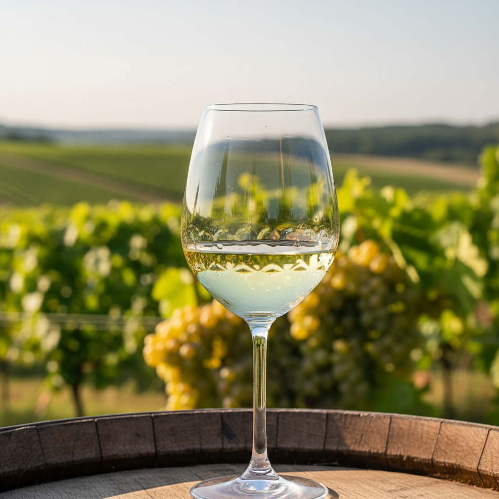 Taça de vinho branco Scheurebe em um vinhedo alemão ensolarado, com as videiras ao fundo.
