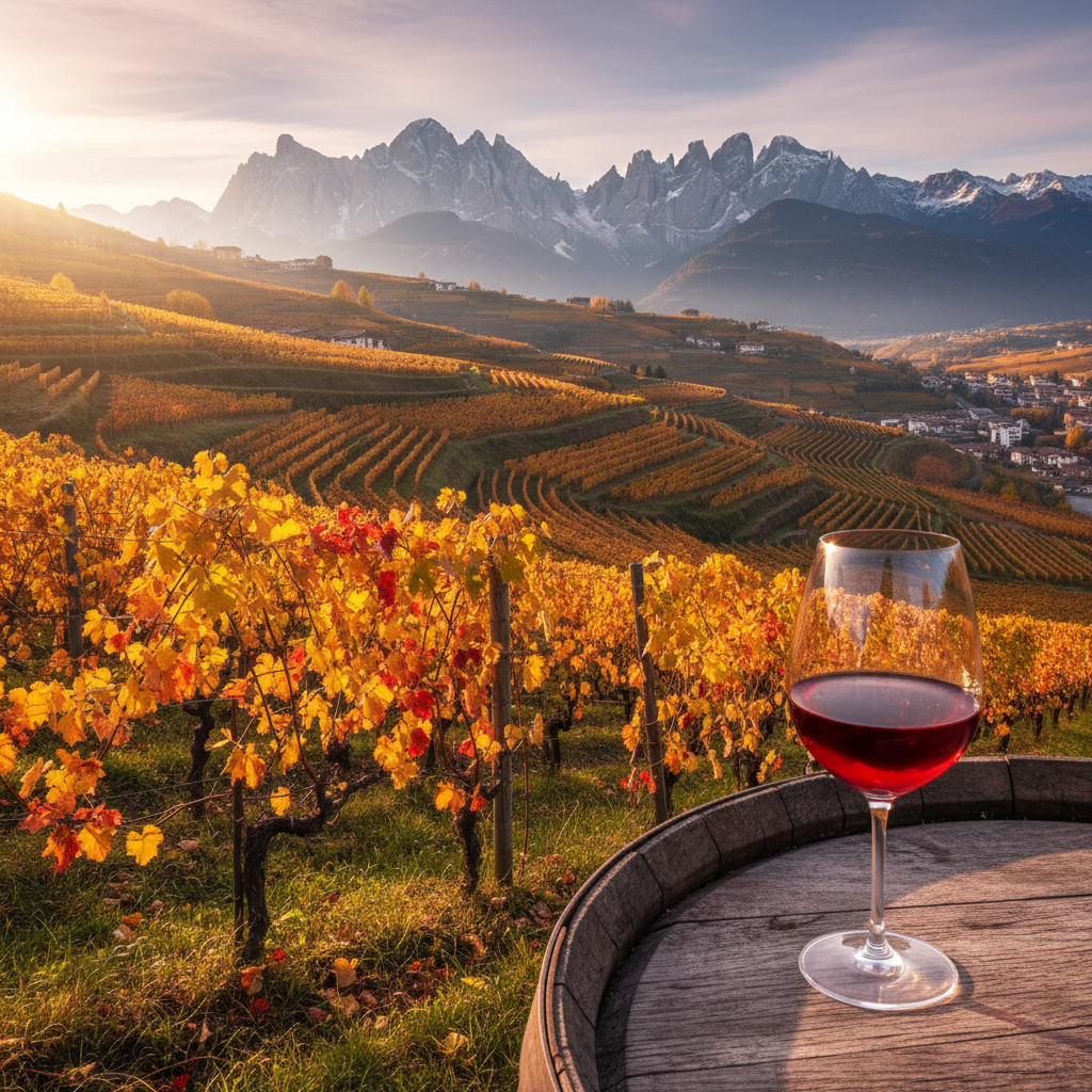 Vinhedo de Uva Schiava nos Alpes Italianos, com uma taça de vinho tinto claro em primeiro plano sobre um barril de madeira e montanhas ao fundo.