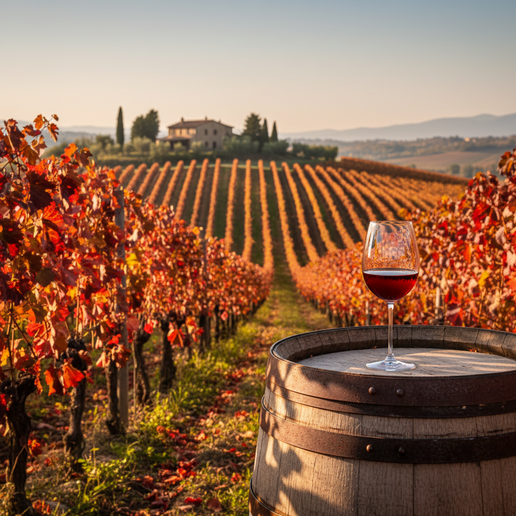 Taça de vinho tinto Schiava sobre barril de madeira rústico em vinhedo italiano ensolarado com vinhas avermelhadas.
