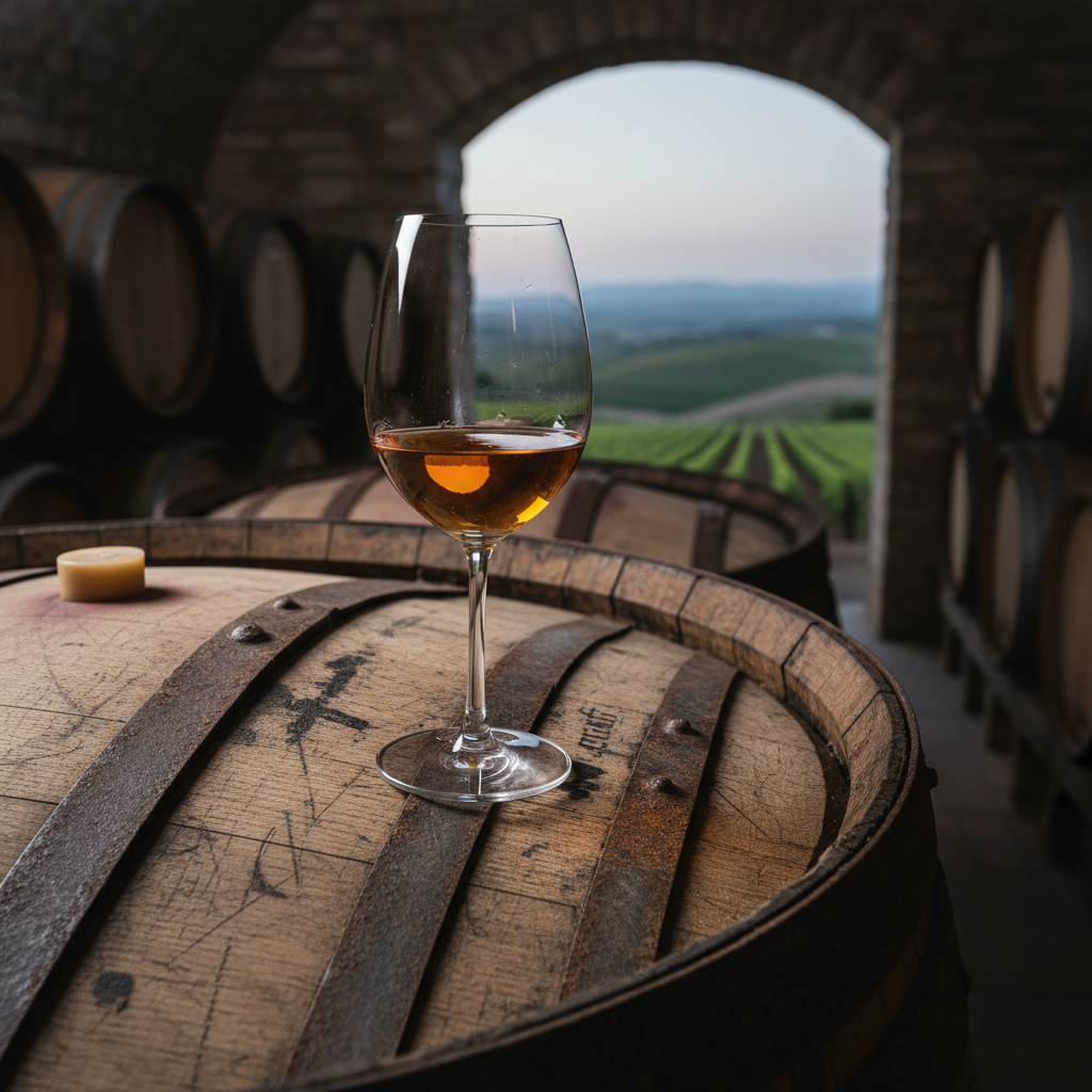 Taça de vinho Sémillon dourado sobre um barril de carvalho envelhecido em adega, com vinhedo ao fundo, simbolizando a longevidade da uva.