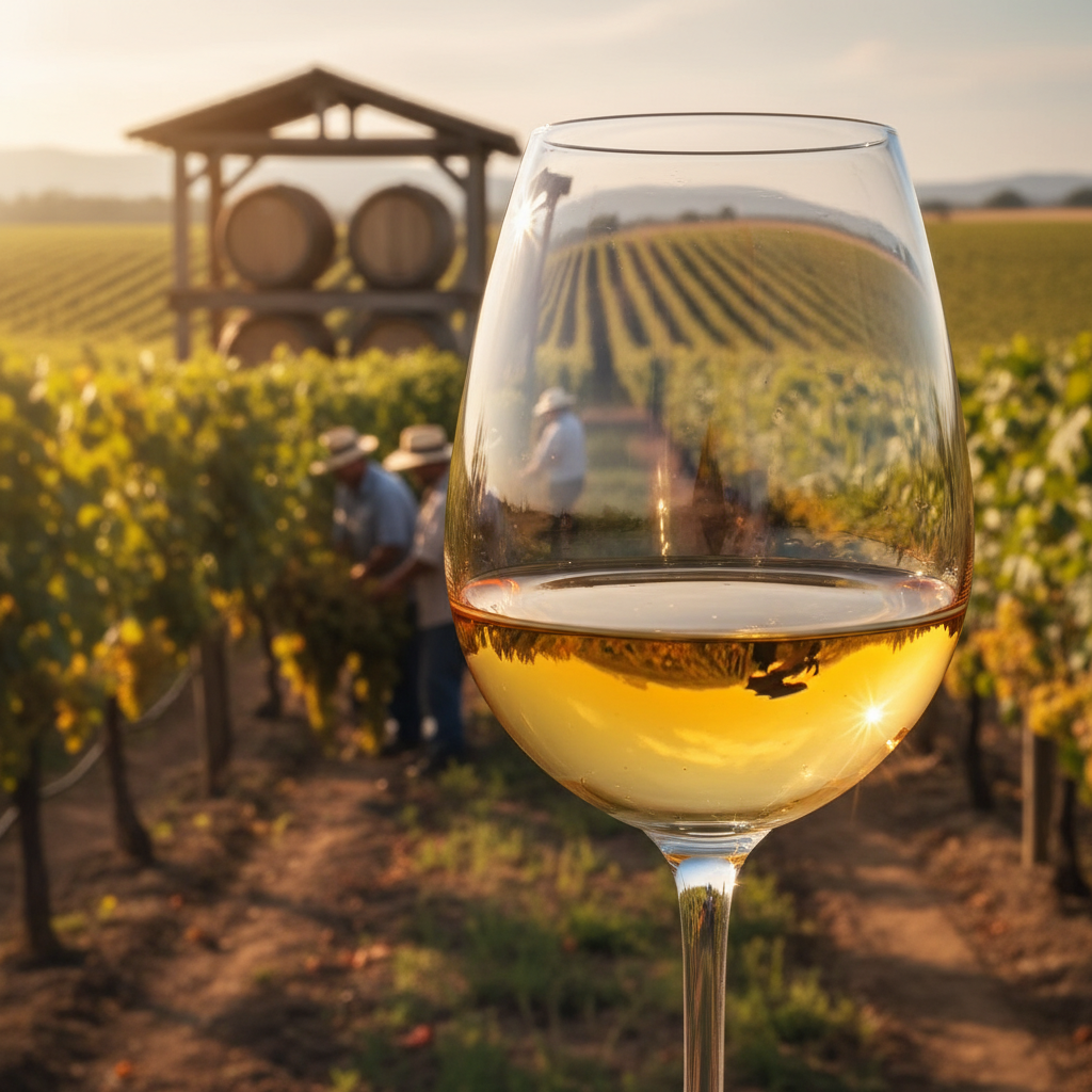Taça de vinho Sémillon com reflexos dourados, em primeiro plano, com um vinhedo ensolarado de uvas Sémillon em segundo plano e barris de carvalho desfocados ao fundo.