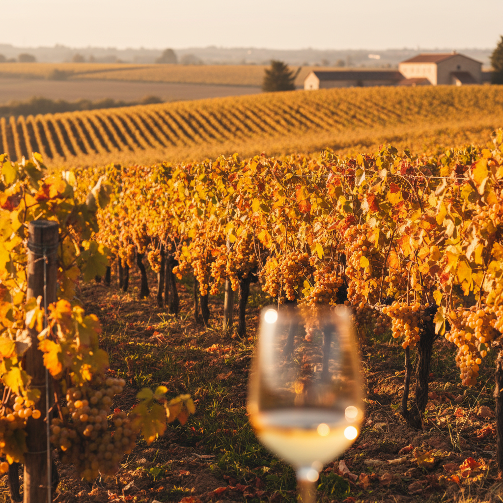 Vinhedo de Sémillon sob o sol dourado, com cachos de uvas maduras e uma taça de vinho em primeiro plano, evocando a riqueza da uva.