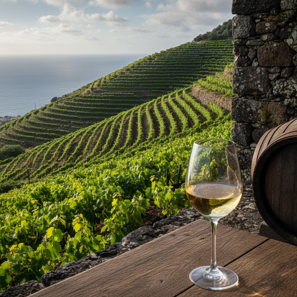 Vinhedo de Sercial em socalcos na ilha da Madeira, com uma taça de vinho branco de cor dourada clara e um barril de carvalho, simbolizando a origem e o processo de envelhecimento da uva.