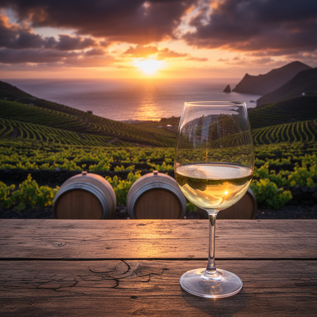 Vinhedo verde exuberante em ilha vulcânica ao pôr do sol, com taça de vinho Sercial em primeiro plano e barris de carvalho desfocados ao fundo.