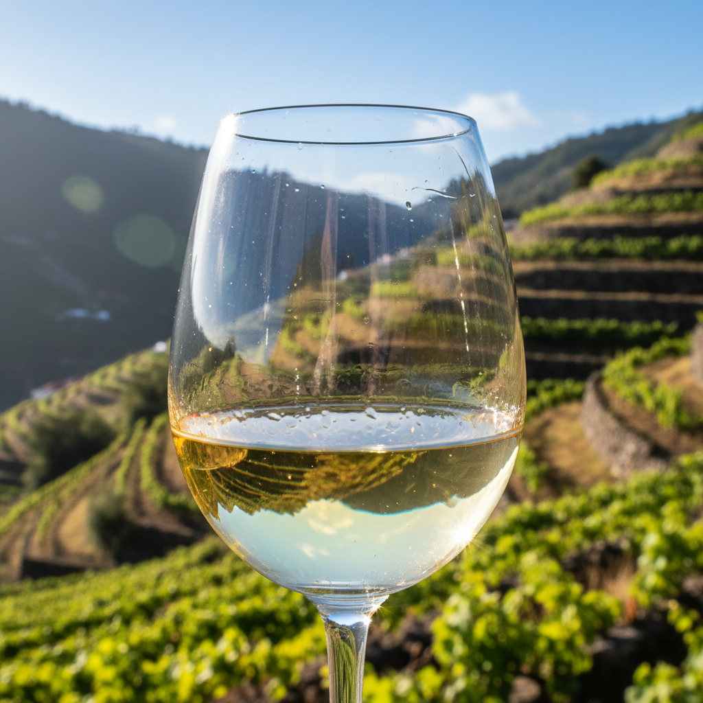 Taça elegante de vinho Sercial de cor clara, com reflexos brilhantes, sobre um fundo desfocado de vinhedos íngremes e ensolarados da Ilha da Madeira, destacando a origem da uva.