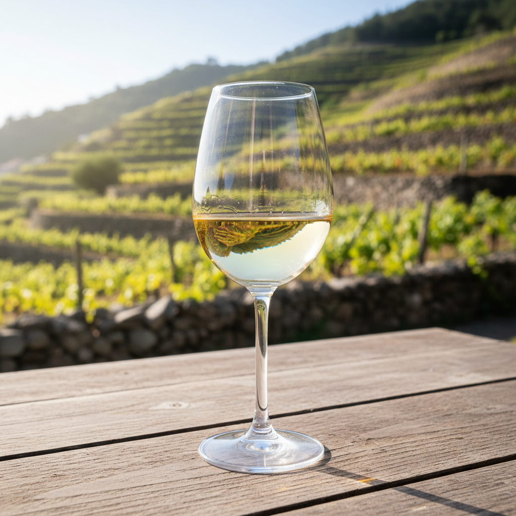 Taça de vinho Sercial de cor dourada pálida sobre mesa de madeira rústica, com vinhedos verdejantes e ensolarados da Ilha da Madeira em segundo plano.