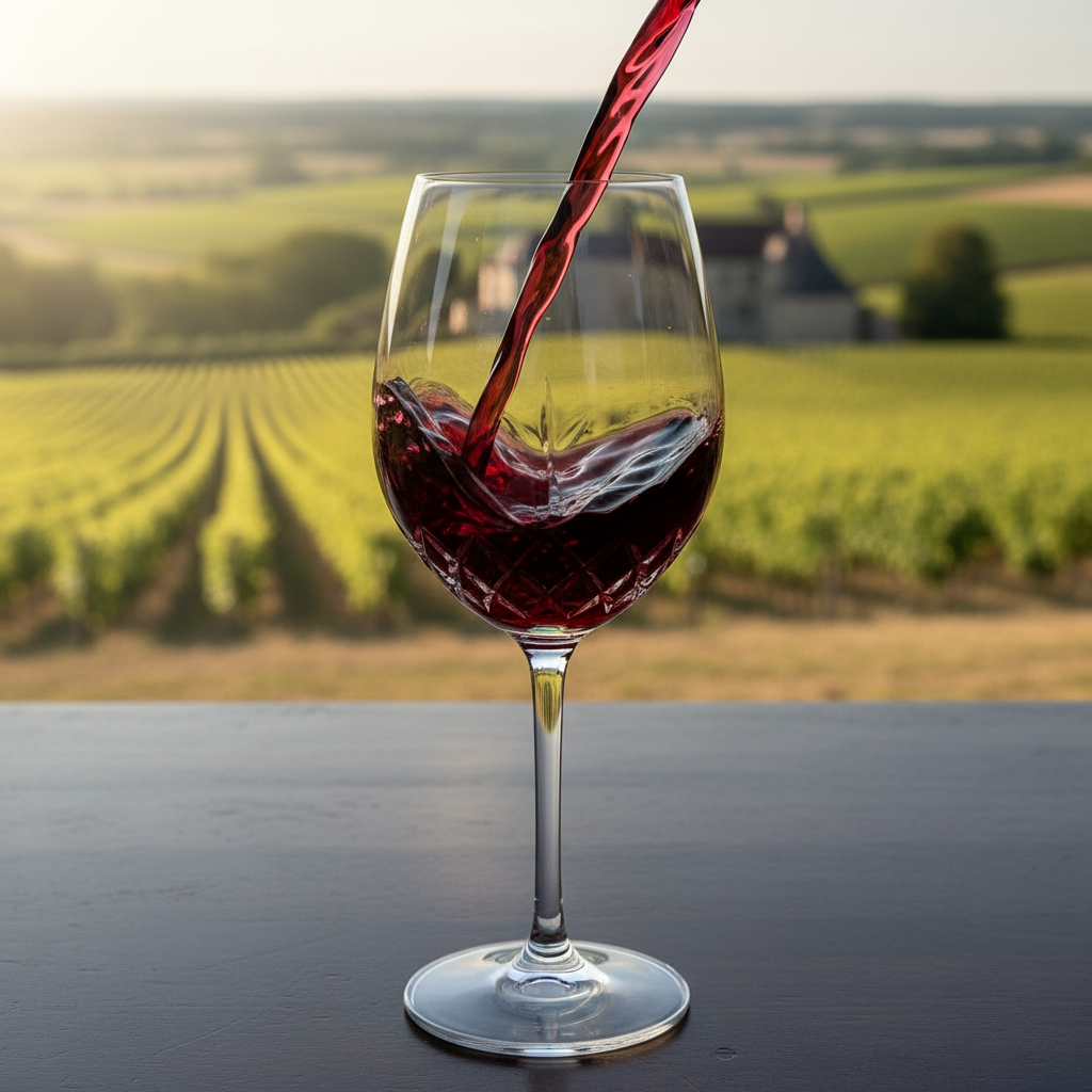Taça de vinho tinto St. Laurent com reflexos rubi, em ambiente elegante com vinhedo europeu desfocado ao fundo.