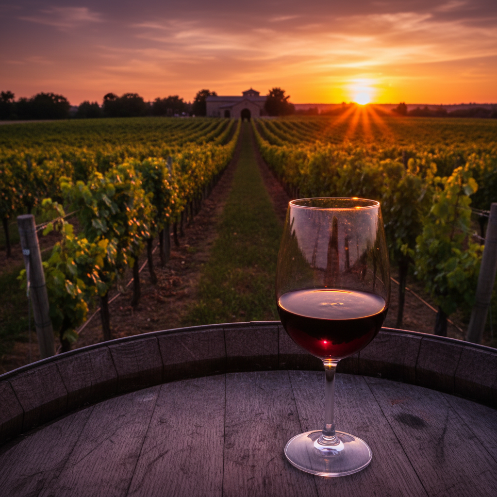 Taça de vinho tinto sobre um barril de madeira em um vinhedo ensolarado ao pôr do sol, evocando a origem e a paixão pela uva St. Laurent.