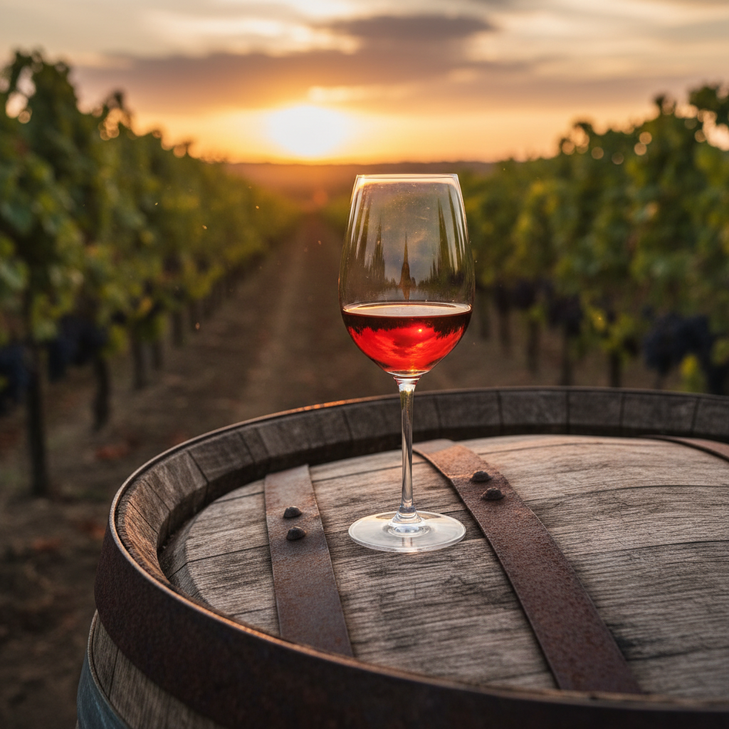 Taça de vinho tinto leve sobre barril de carvalho em vinhedo australiano ao pôr do sol.